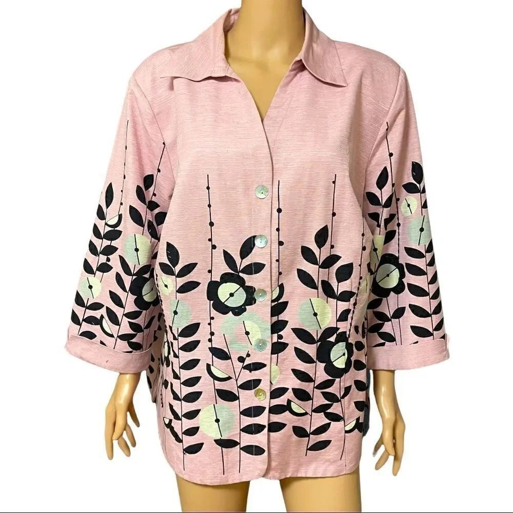 Dressbarn Woman 💯% Silk Pink Black Flower Print Light Jacket Sz 18/20